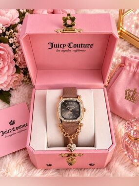 Juicy Couture Rose Gold-Tone Watch with Brown Leather Strap & Heart Charm